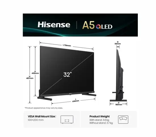 Телевизор Hisense 32' A5Q, Full HD 1920x1080, QLED, Quantum Dot, HDR, HLG, DTS HD, Light Sensor, Dolby Audio, Smart TV, WiFi, WiFi Direct, 2xHDMI, 2xUSB, LAN, CI+, DVB-T2CS2, Black