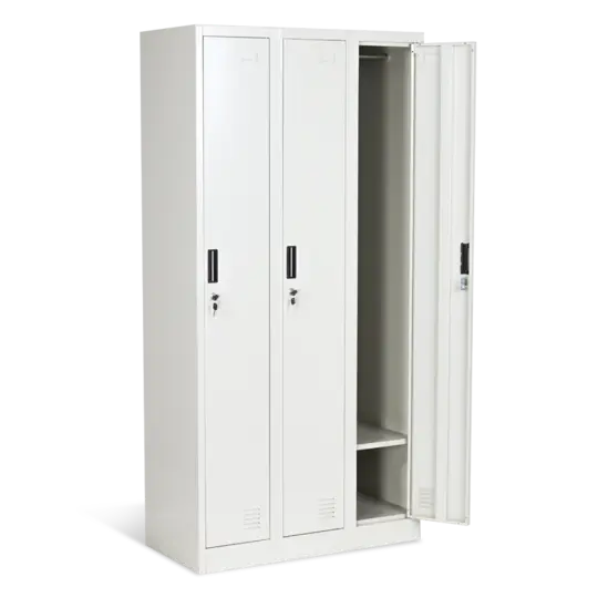 Метален гардероб BTL L с 3 отделения 185х90х45 см, бял, последната врата отворена, празен, сниман отпред