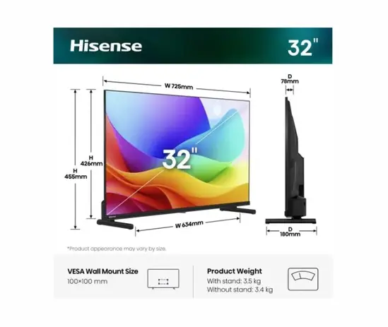 Телевизор Hisense 32" A5S, Full HD 1920x1080, QLED, Quantum Dot, HDR, HLG, DTS HD, Light Sensor, Dolby Audio, Smart TV, WiFi, WiFi Direct, 2xHDMI, 2xUSB, LAN, CI+, DVB-T2/C/S2, Black