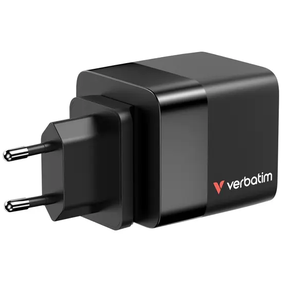 Зарядно устройство Verbatim Mini GaN Charger 65W 2 Port retractable cable display US plugs with EU and UK adaptors