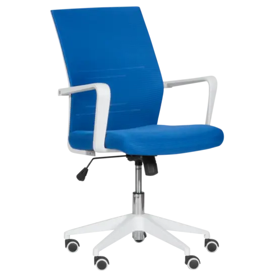 Работен стол КРАСИМИРА-сниман отстрани, син цвят дамаска, бяла база