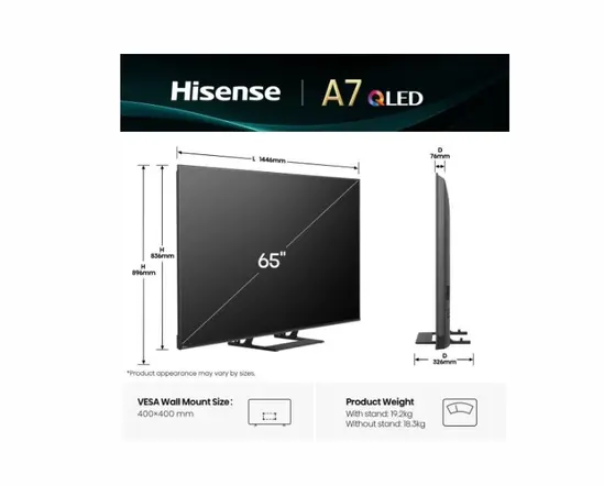 Телевизор Hisense 65" A7Q, 4K Ultra HD 3840x2160, QLED, HDR 10+, HLG, Dolby Vision, Dolby Atmos, Smart TV, Light Sensor, WiFi Direct, BT, Anyview Cast, 3xHDMI, 2xUSB, LAN, CI+, DVB-T2/C/S2, Black