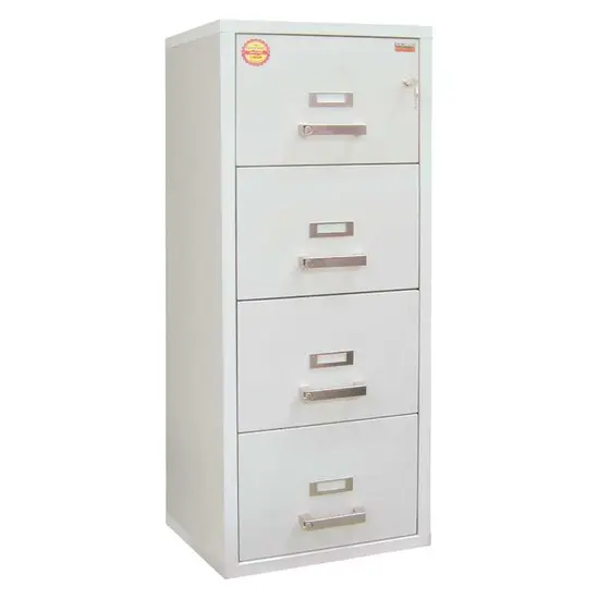 Метална огнеупорна картотека FC PMT 4K KK - снимана под ъгъл, със затворени чекмеджета, сива на цвят