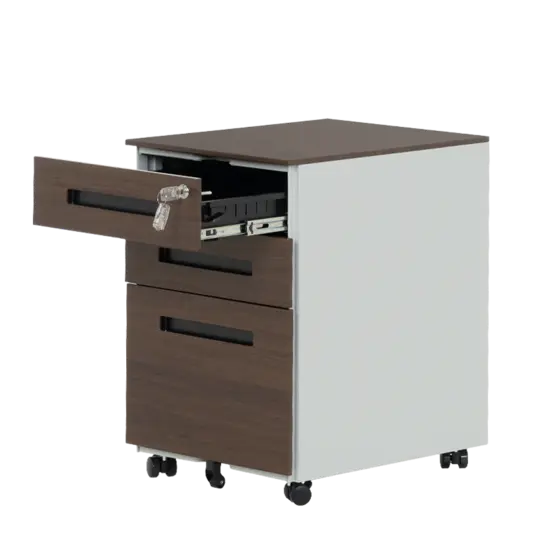 Метален контейнер K BTL с 3 чекмеджета - кафяв с черни дръжки, отворено горно чекмедже, празен