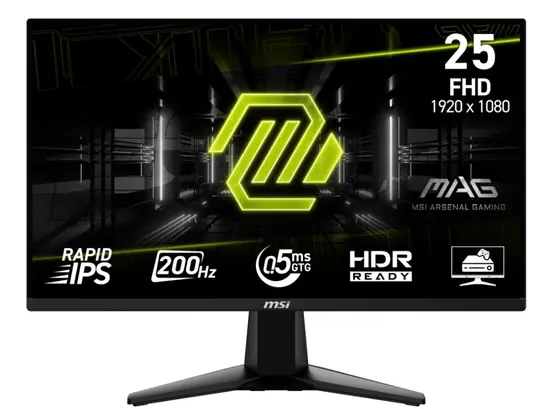 Монитор MSI MAG 255F E20, 24.5", 0.5ms, 200Hz, Rapid IPS, 1920x1080 (FHD), 16:9, AMD FreeSync Premium, 79% DCI-P3, AG, HDR Ready, 300 nits, 1000:1, DCR 100M:1, DP(1.2a), 2xHDMI 2.0b, Tilt, VESA, Black, 3.24kg