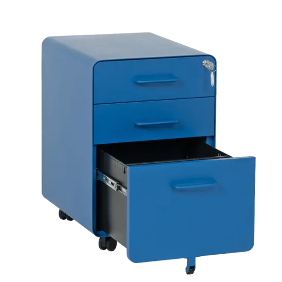 Метален контейнер A BTL с 3 чекмеджета - синьо, снимано от ляв ъгъл, с отворено долно чекмедже, празен