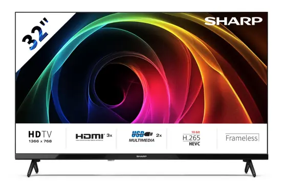 Телевизор Sharp 32HA1205E, 32" LED HD 1366x768 HD Frameless, 100 000:1, DVB-TT2CSS2, Active Motion 100, Speaker 2x8W, Dolby Digital, CI+, 3xHDMI (ARCCEC), 2xUSB, LAN, VideoAudio input (3 x RCA), Hotel Mode, E, 2 pole Stand