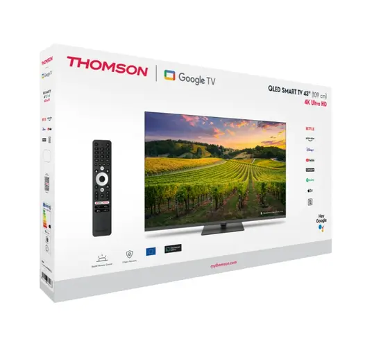 Телевизор Thomson Smart QLED TV 43'; Google TV; 3840 x 2160 (4K UHD), 4000:1, QLED, 60 Hz, DVB-TT2CSS2, HDR10, Hotel mode, Wi-Fi, Bluetooth, LAN, HDMI 2 (2.0) + 2 (2.1), USB 2 (2.0) + 1 (3.0), Central Swivel Stand, Dark gray