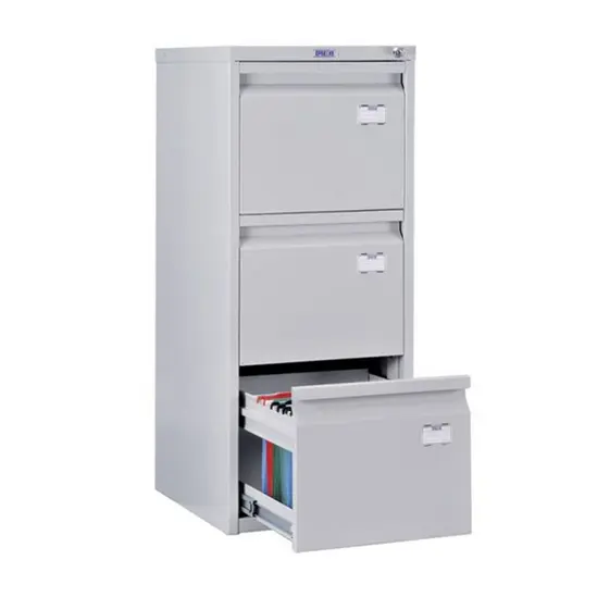 Метална картотека PMT с 3 чекмеджета - сива на цвят, с отворено долно чекмедже, снимана отстрани