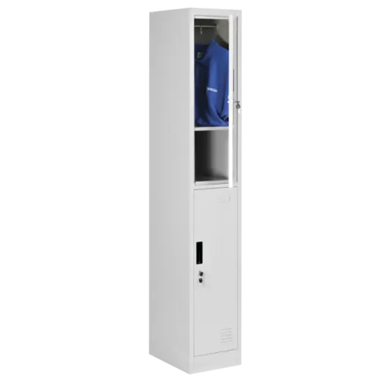 Метален гардероб BTL К с 2 отделения 185х30х45 см - сниман под ъгъл, с отворена горна врата, пълен с дрехи, сив