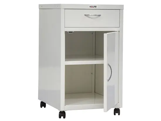 Метален медицински шкаф PMT TP2 - бял, сглобен, сниман в отпред, горното чекмедже е затворено, а долното е отворено, празен