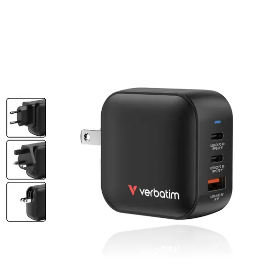 Зарядно устройство Verbatim Mini GaN Charger 70W 3 Port US plug with EU and UK adaptors
