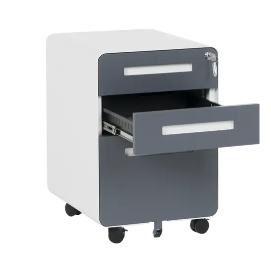 Метален контейнер H BTL с 3 чекмеджета, сив с графитени вратички, с отворено средно чекмедже, сниман под ъгъл