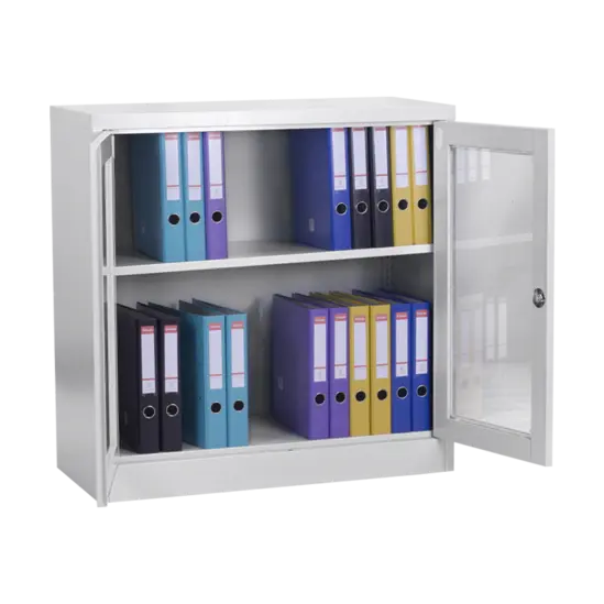 Архивен шкаф BTL J с 2 отделения 90х40х90 см стъкло- пълен с класьори с две отворени врати