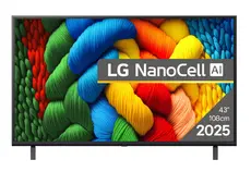Телевизор LG 43NANO80A3B, 43" 4K HDR Smart Nano Cell TV, 3840x2160, DVB-T2/C/S2, AI Alpha 7, HDR 10 PRO, webOS 25, ThinQ AI, VRR, ALLM, HGiG, WiFi, Clear Voice, AI Upscaling, Bluetooth, Hdmi e-ARC , CI, LAN, AirPlay2, Chromecast, 2 Pole stand, Black