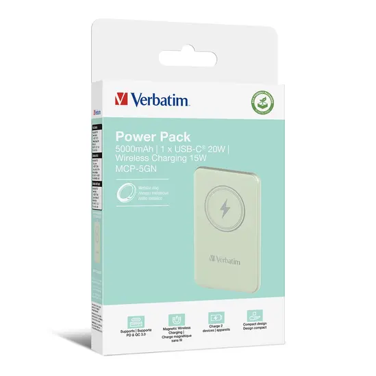 Външна батерия Verbatim MCP-5GN Power Pack 5000 mAh with UBS-C® PD 20W  Magnetic Wireless Charging 15W Green