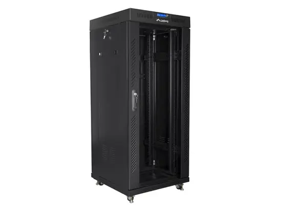 Комуникационен шкаф Lanberg rack cabinet 19' free-standing 27U  600x600 self-assembly flat pack with glass door LCD, black