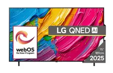 Телевизор LG 75QNED80A3A, 75" 4K QNED HDR Smart TV, 3840x2160, DVB-T2/C/S2, Alpha 7 AI Processor, HDR10 / HLG, webOS 25 ThinQ, VRR / ALLM / HGiG, 4K Upscaling, WiFi 5, Voice Controll, Bluetooth 5.1, AirPlay 2, LAN, CI, HDMI, SPDIF, Google Cast, 2 pole Sta