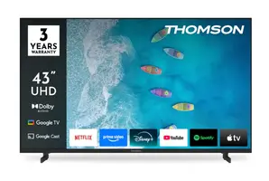 Телевизор Thomson 43" UHD Google TV; 3840 x 2160 (4K UHD), DLED, 60 Hz, Dolby Audio, Google Cast, DVB-T/T2/C/S/S2, HDR10,  Wi-Fi, Bluetooth, LAN, HDMI 3 (2.1), USB 2 (2.0), AV IN, Hotel mode, Side Feet, Black