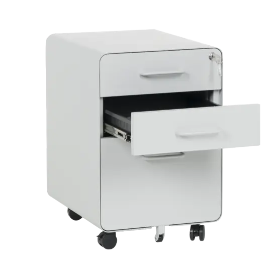 Метален контейнер A BTL с 3 чекмеджета - сиво, снимано от ляв ъгъл, с отворено средно чекмедже, празен