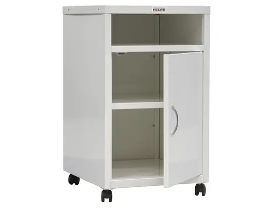 Метален медицински шкаф PMT TP3 - сглобен, сниман отпред, с отворена врата и празно горно чекмедже, долу също е празно