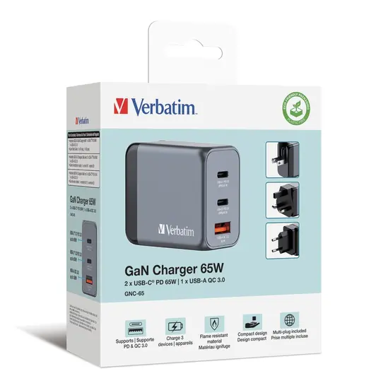 Зарядно устройство Verbatim GNC-65 GaN Charger 3 Port 65W USB AC (EUUKUS)