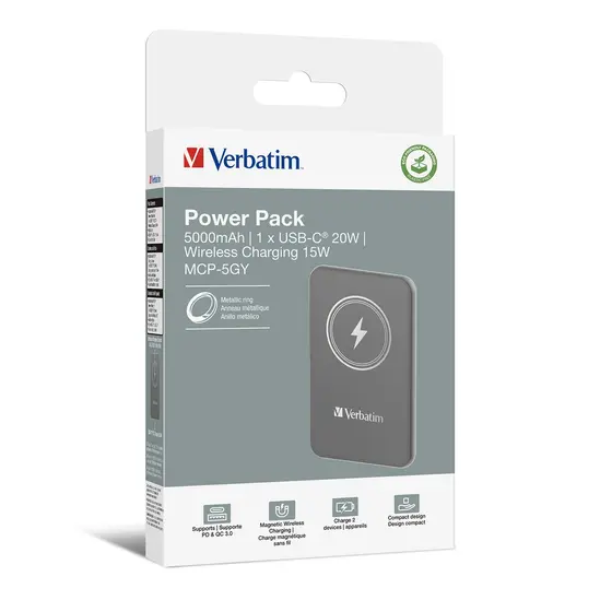 Външна батерия Verbatim MCP-5GY Power Pack 5000 mAh with UBS-C® PD 20W  Magnetic Wireless Charging 15W Grey