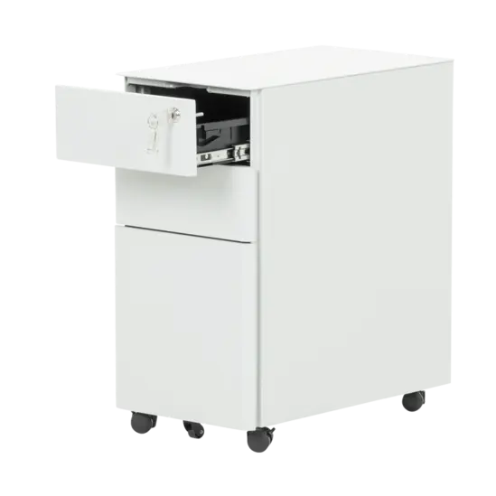 Метален контейнер F BTL с 3 чекмеджета - сниман от десен ъгъл, с отворено горно чекмедже, сив на цвят, празен отвътре