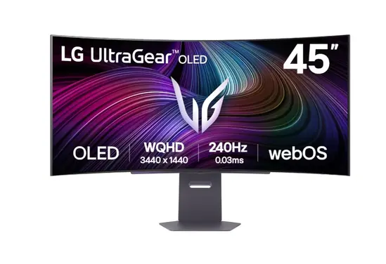 Монитор LG 45GX90SA-B, 44.5', OLED UltraGear 21:9 Curved Smart, 0.03 ms, WQHD (3440x1440), 240Hz, HDR 400, 1500000:1, 250 cdm2, DCI-P3 98.5%, VRR, Free-sync, G-Sync, USB-C, PD 65W, HDMI, DP, PBP, Speakers 7W x2, Bluetooth, LG Switch, Height, Swivel, Tilt