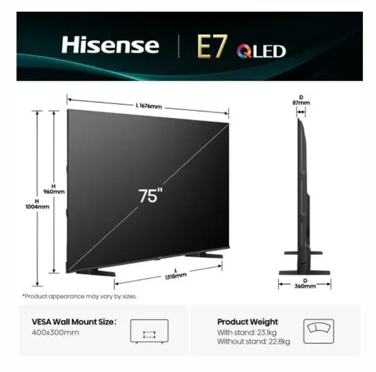 Телевизор Hisense 75' E7Q, 4K Ultra HD 3840x2160, QLED, Quantum Dot, HDR 10+, HLG, Dolby Vision, DTS Virtual X, Smart TV, Light Sensor, WiFi Direct, BT, Anyview Cast, 3xHDMI, 2xUSB, LAN, CI+, DVB-T2CS2, Black