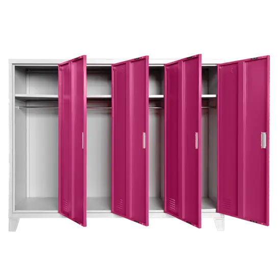 Метален гардероб BTL JZ с 4 отделения 130x160x40 см розов с 4 отворени врати, по един рафт на отделение и лостове за закачалки