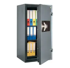 Метален сейф PMT 133 EN EL – отворен, с класьори вътре, сив на цвят