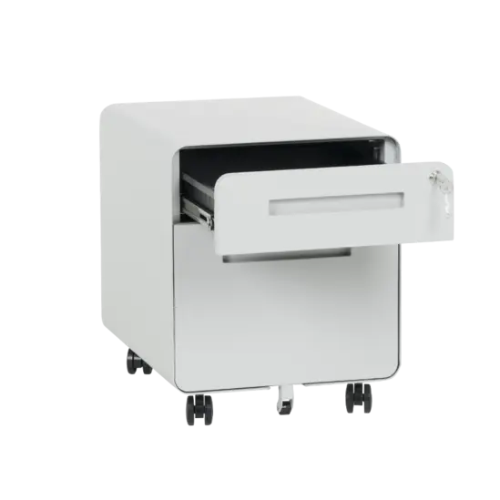 Метален контейнер T BTL с 2 чекмеджета, сниман отпред, с горната вратичка отворена, сив на цвят