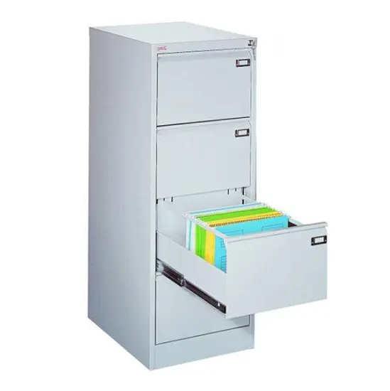 Метална картотека FRT SZK с 4 чекмеджета - сива на цвят, снимана отстрани, с отворено предпоследно чекмедже, пълно с папки