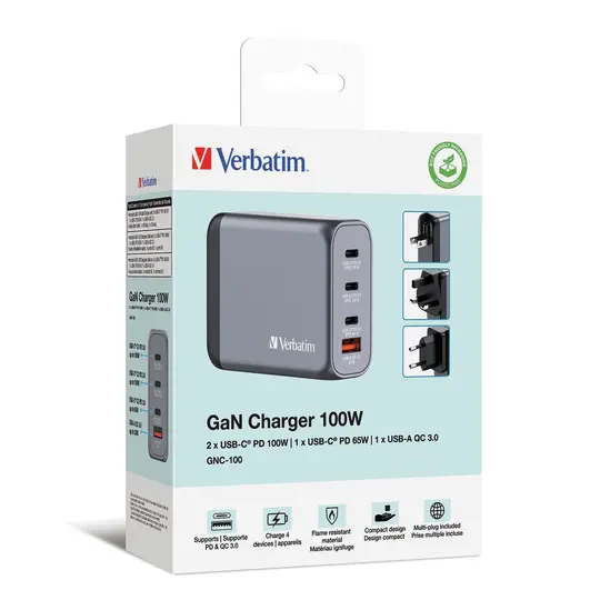 Зарядно устройство Verbatim GNC-100 GaN Charger 4 Port 100W USB AC (EUUKUS)