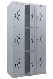 Метален гардероб PMT с 9 отделения 183х90х50 см - сниман отстрани, със средния ред врати отворени, празен, сив