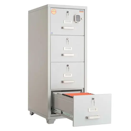 Метална огнеупорна картотека FC PMT 4E KK - сива на цвят, снимана отстрани, с отворено долно чекмедже