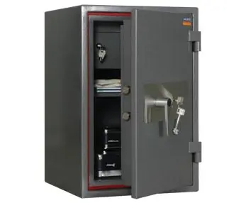 Метален сейф SG PMT 67T - черен на цвят, с отворена врата, празен