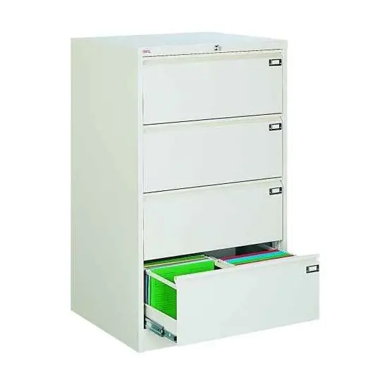 Метална картотека FRT с 4 двойни чекмеджета - снимана отстрани, сива на цвят, с отворено долно чекмедже, което е пълно със зелени папки