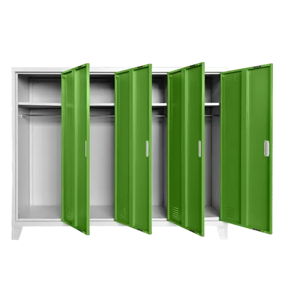 Метален гардероб BTL JZ с 4 отделения 130x160x40 см зелен с 4 отворени врати, по един рафт на отделение и лостове за закачалки