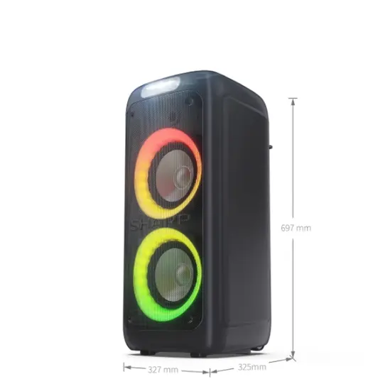Тонколони Sharp Speakers PS-949, XPARTY STREET BEAT  2 x 8' woofers + horn tweeter, max power output 132 W, 12 h play time by built in battery, True wireless Stereo, USB Music playback and charging, DJ FX, BT 5.0, 2 x MicGuitar inputs, Splashproof (IPX4)