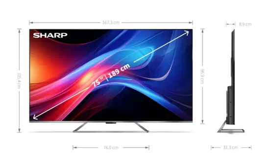 Телевизор Sharp 75GP7265E, 75" QLED Google TV, 4K Ultra HD 3840x2160 Frameless, AQUOS, DVB-TT2CSS2, Active Motion 1200, HDR10, Dolby Atmos, Dolby Vision, Google Assistant, HARMANKARDON, Chromecast Built-in, HDMI 2.1 with eARC, Aluminium finish, USB, 