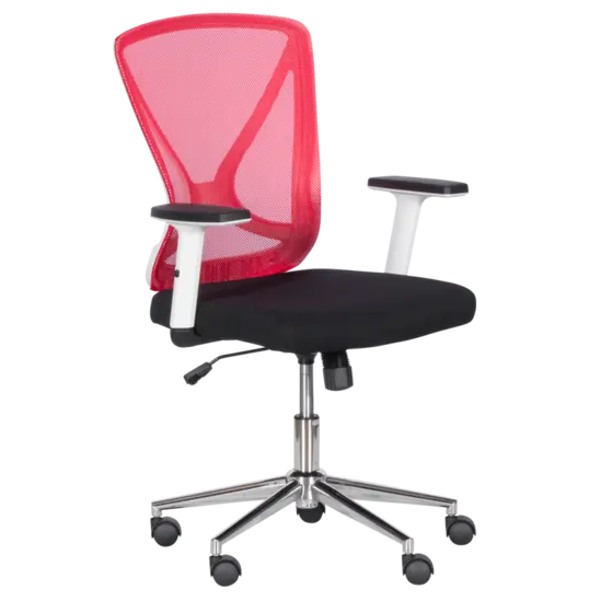 Работен стол ИГНАТ- снимка отпред, черна сеална, мрежеста червена облегалка