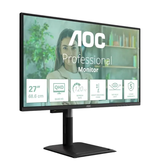 Монитор AOC Q27P4U, 27" IPS WLED, 2560x1440@120Hz, 4ms GtG, 350cd m2, 1500:1, DCR 50M:1, Adaptive Sync, FlickerFree, Anti Blue Light, 2Wx2, Tilt, Height Adjust, Pivot, Swivel, 2xHDMI, DP, USB hub