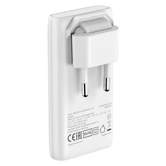 Зарядно устройство Verbatim Fold 'n' Go GaN Charger 65W EU plug White