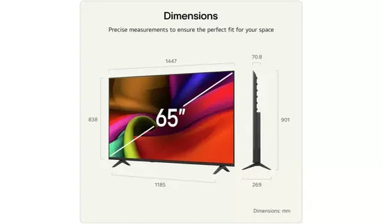 Телевизор LG 65NU8E0B3LA, 65" 4K HDR UHD, 3840x2160, DVB-T2/C/S2, AI Alpha 7, HDR 10, webOS 26, ThinQ AI, VRR, ALLM, HGiG, WiFi, Clear Voice, 4K Super Upscaling, Bluetooth 5.3, Hdmi e-ARC , CI, LAN, AirPlay2, AI Sound Pro, Google Cast, 2 Pole stand, Black