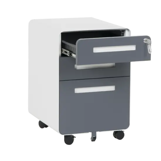 Метален контейнер H BTL с 3 чекмеджета, сив с графитени вратички, с отворено горно чекмедже, сниман под ъгъл