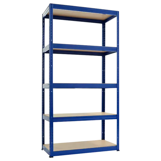 Снимка отпред – син метален стелаж BTL 180x90x40 см с 5 МДФ рафта