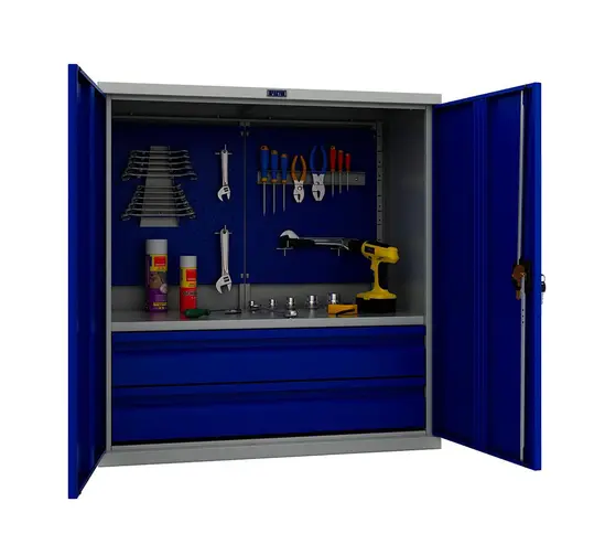Шкаф за инструменти PMT 1095 - с отворени врати, син на цвят, пълен с отверки и винтоверти