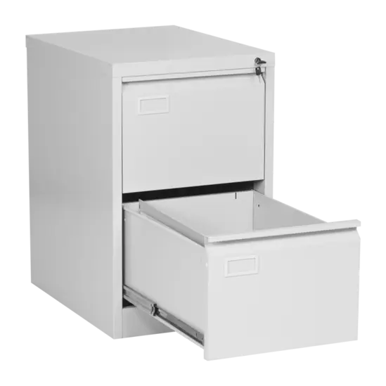 Метална картотека L BTL с 2 чекмеджета - снимана в профил, с отворено долно чекмедже, сива на цвят